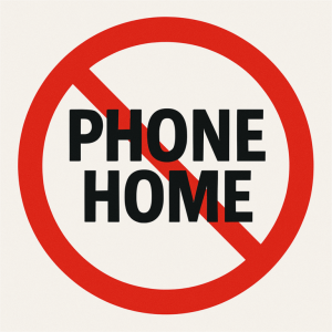No phone home sign with black text inside a red prohibition circle on a light background