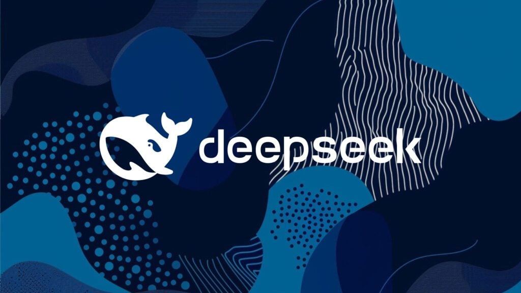 Logo of a stylized white whale next to the word deepseek on an abstract dark blue background with various patterns and shapes.
