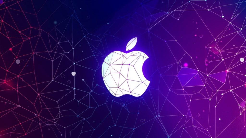 Glowing white Apple logo with a geometric wireframe pattern on a dark blue and purple background with connecting lines and small glowing dots.