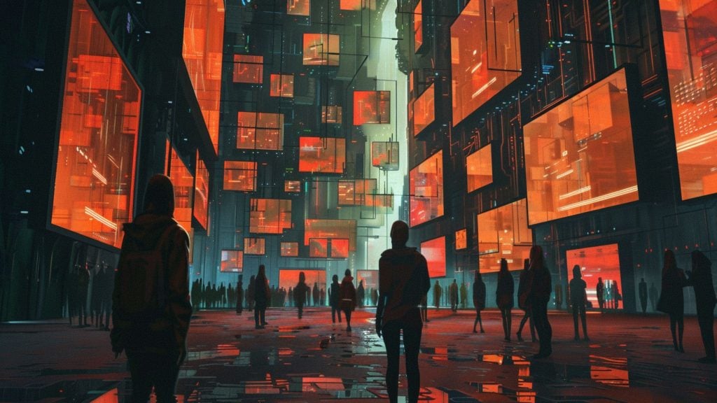 A futuristic indoor space filled with floating orange and red transparent screens and silhouettes of people standing and walking on a reflective floor, creating a digital, cyberpunk atmosphere.