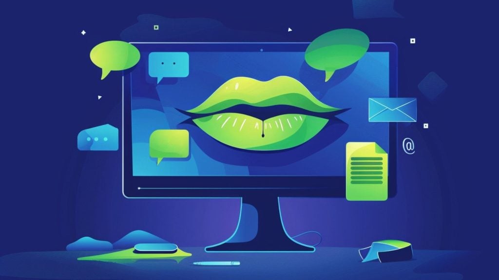 Illustration of a computer monitor displaying green lips surrounded by various chat bubbles and communication icons on a blue background, symbolizing online communication and messaging.