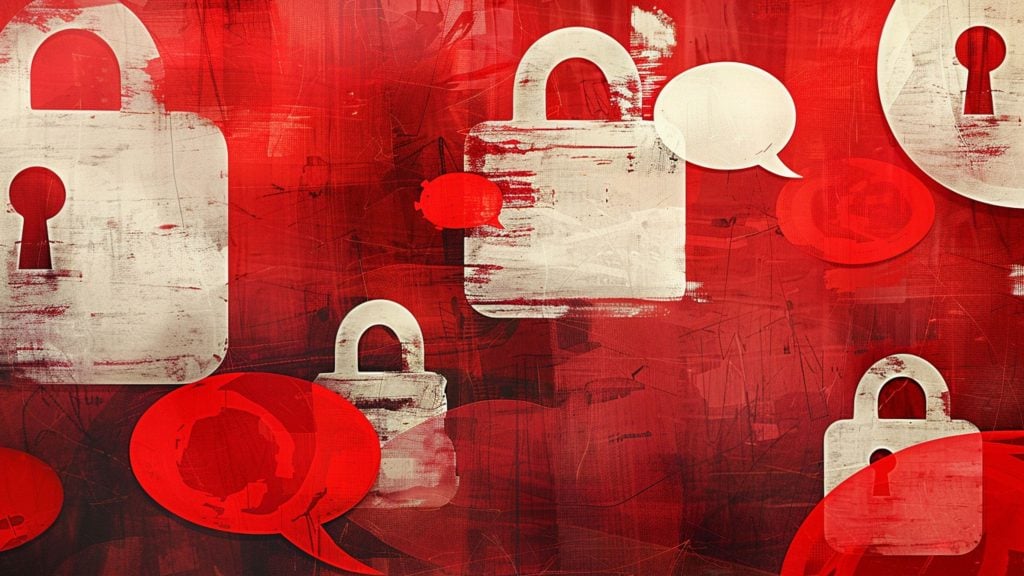 Abstract digital artwork featuring multiple white padlocks and red speech bubbles on a textured red background, symbolizing security and communication.