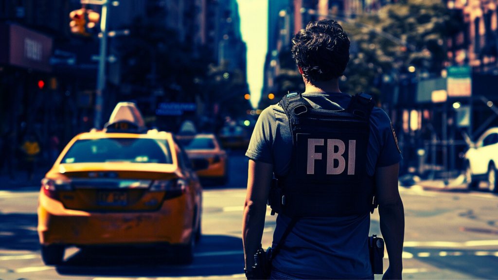 Person wearing an FBI tactical vest standing on a city street with yellow taxis and buildings in the background during daytime.