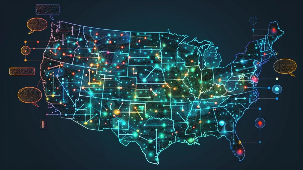 Glowing, colorful network map of the United States with state boundaries outlined, featuring interconnected dots and speech bubble icons on a dark background, representing communication or data flow across the country.