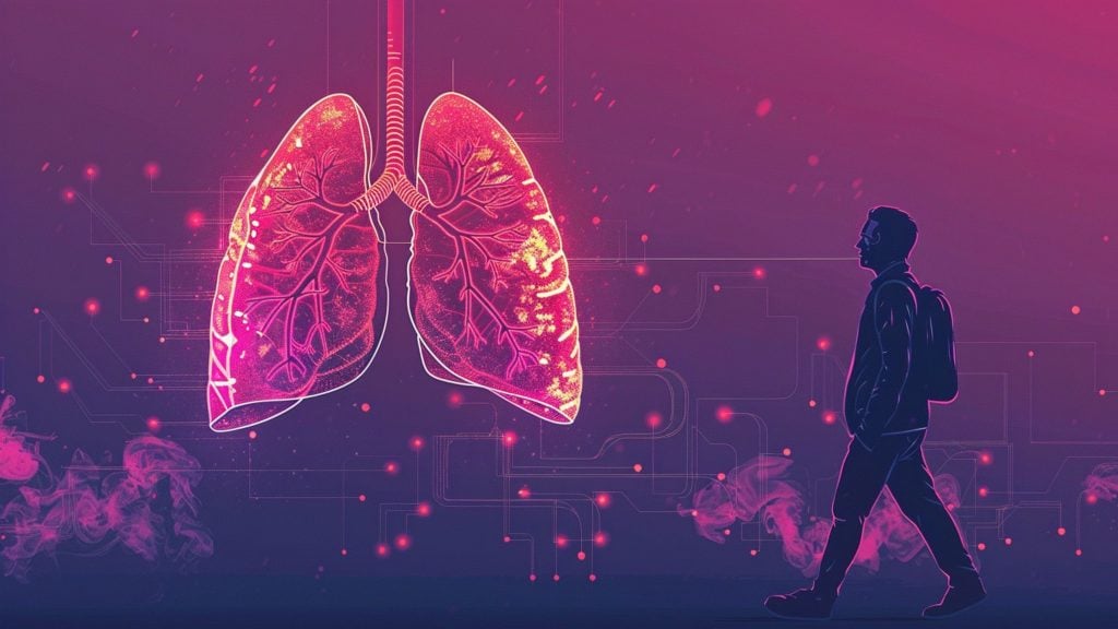 Silhouette of a man with a backpack walking towards an illuminated, stylized pair of lungs on a purple and pink digital background with network-like lines and glowing particles.