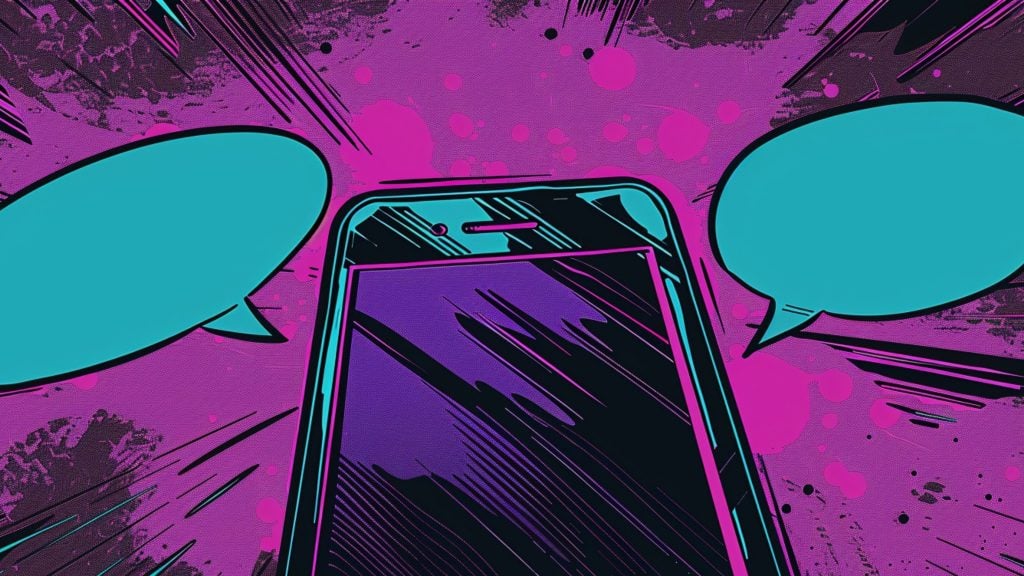 Close-up comic-style illustration of a smartphone with a dark screen against a vibrant purple and black splattered background, featuring two empty turquoise speech bubbles on either side.