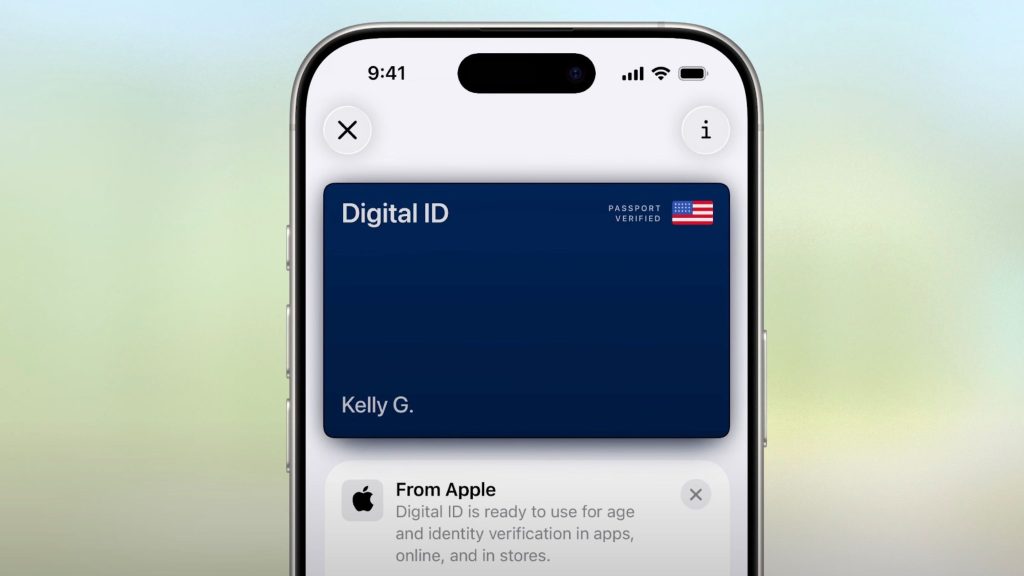 Close-up of an iPhone screen showing a digital ID card labeled 'Digital ID' with a U.S. flag and the name Kelly G., indicating passport verification, and a notification from Apple stating the digital ID is ready for age and identity verification in apps, online, and stores.
