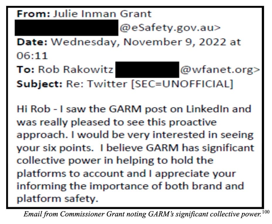 Partial email from Julie Inman Grant to Rob Rakowitz dated November 9, 2022, expressing interest in GARM's collective power to hold platforms accountable and emphasizing the importance of brand and platform safety, with email addresses partially redacted.