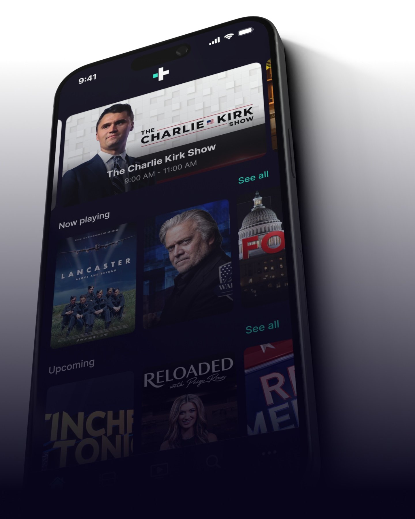 Smartphone screen displaying a media app with a featured show called The Charlie Kirk Show from 9:00 AM to 11:00 AM, showing a man in a suit alongside the show's logo, with additional thumbnails of other shows and movies below under headings Now playing and Upcoming.