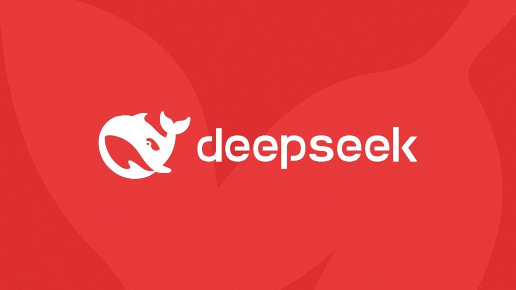 White whale logo next to the word 'deepseek' on a red background with abstract darker red shapes.