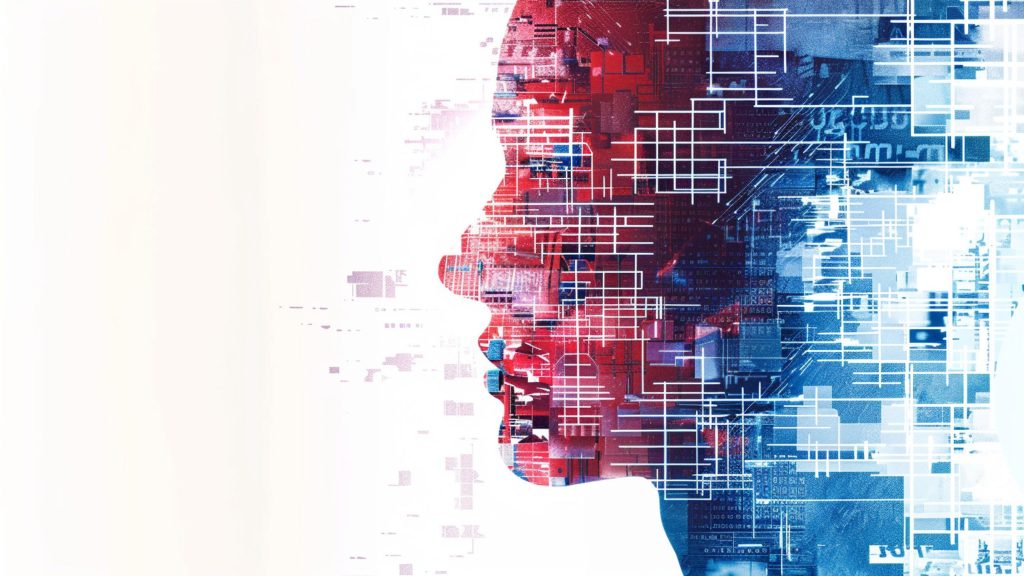 Digital profile of a human face in red and blue hues with a grid and circuit-like overlay on a white background.
