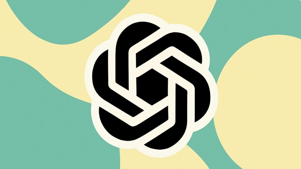 OpenAI logo with a black and white geometric flower pattern in the center against a wavy background of teal and light yellow shapes