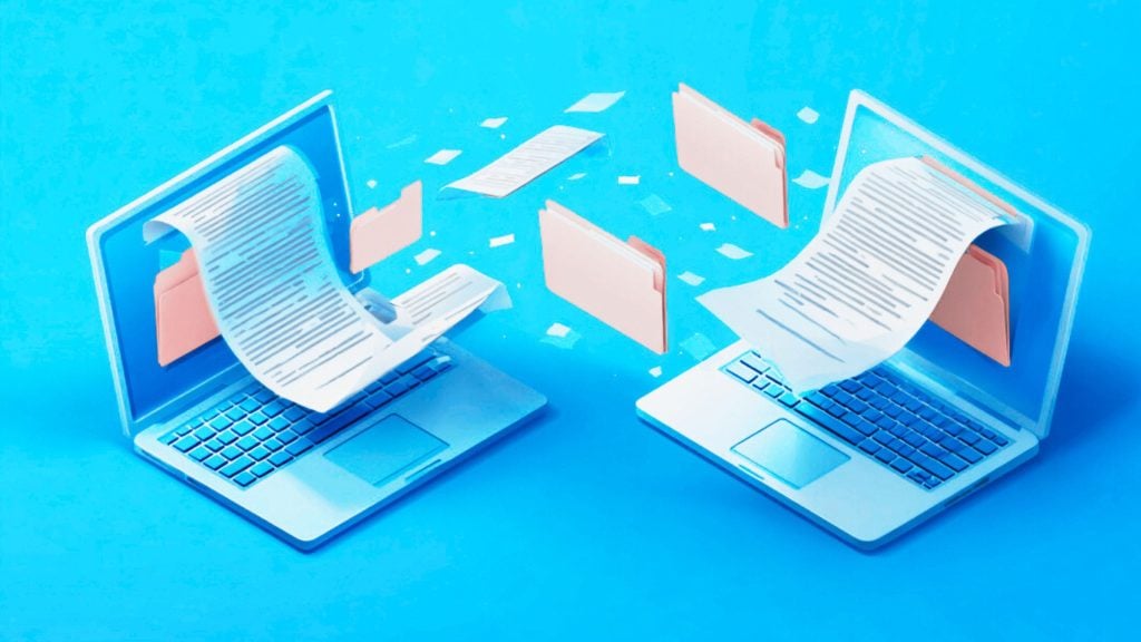 Two laptops with digital folders and documents transferring between them on a bright blue background, representing file sharing or digital data transfer.