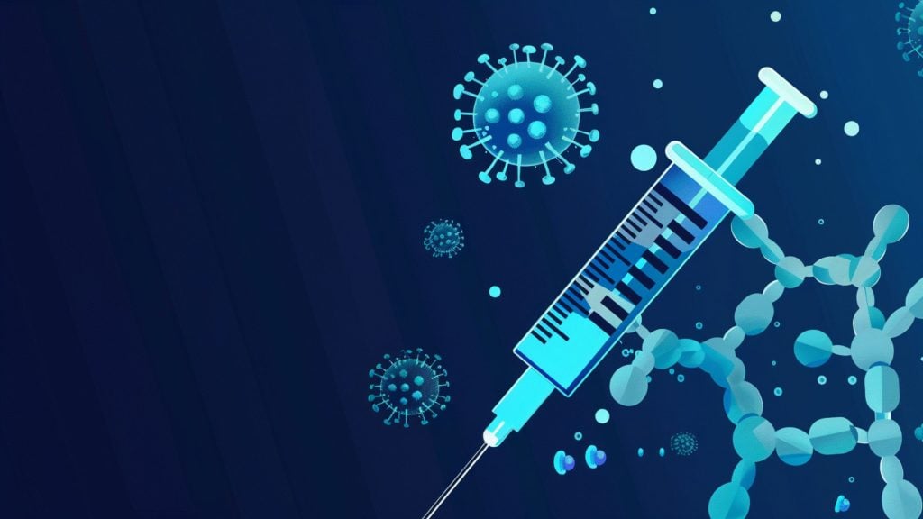 Digital illustration of a syringe filled with blue liquid against a dark blue background, surrounded by stylized virus particles and molecular structures, representing vaccination and medical science.