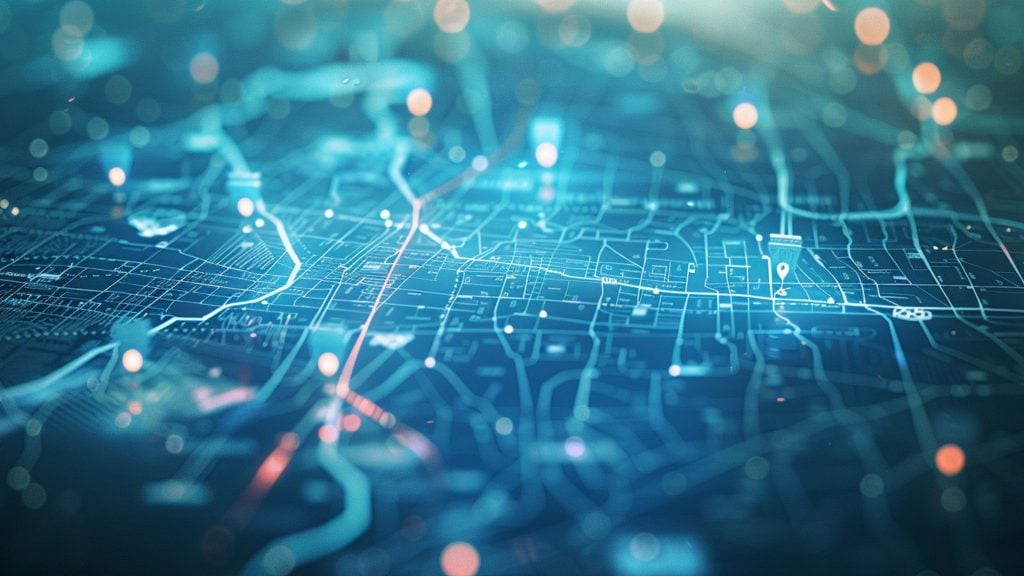Blurry blue digital map with glowing routes, pins, and scattered light orbs, suggesting a futuristic or high-tech navigation system.