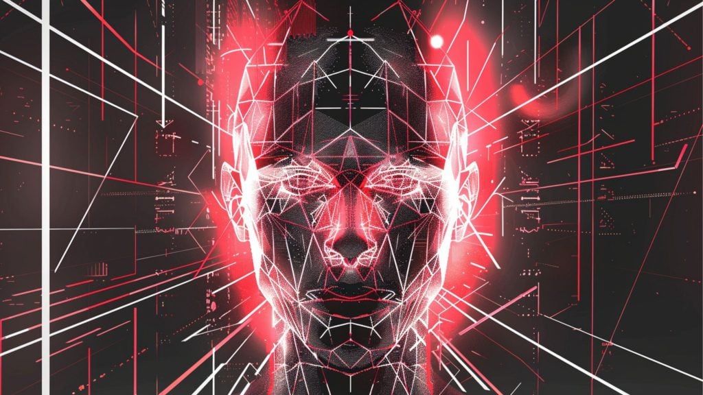 Digital abstract human face composed of geometric white and red lines with a glowing red aura on a dark background filled with intersecting lines and digital elements