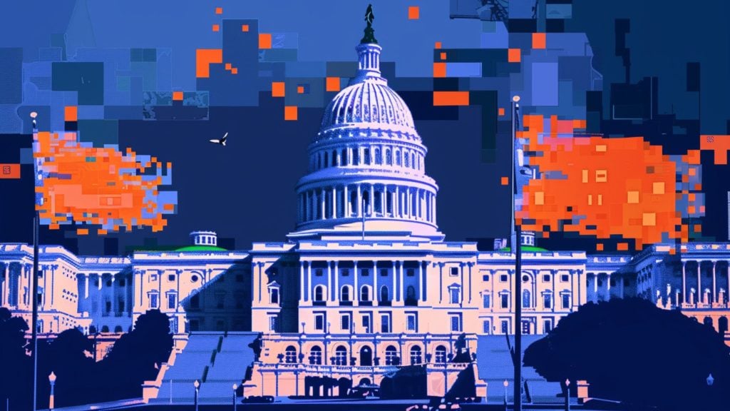 Digital illustration of the United States Capitol building with pixelated orange American flags on flagpoles in front and a dark blue abstract cityscape background.