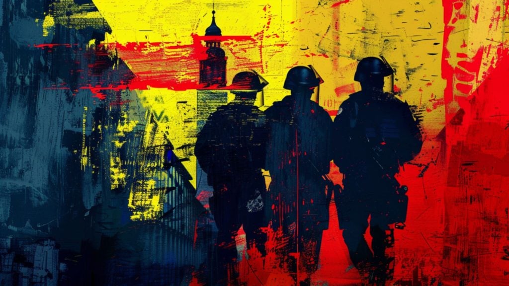Abstract digital artwork featuring silhouettes of three soldiers or law enforcement officers in helmets against a textured background with dominant colors of yellow, red, and dark blue.