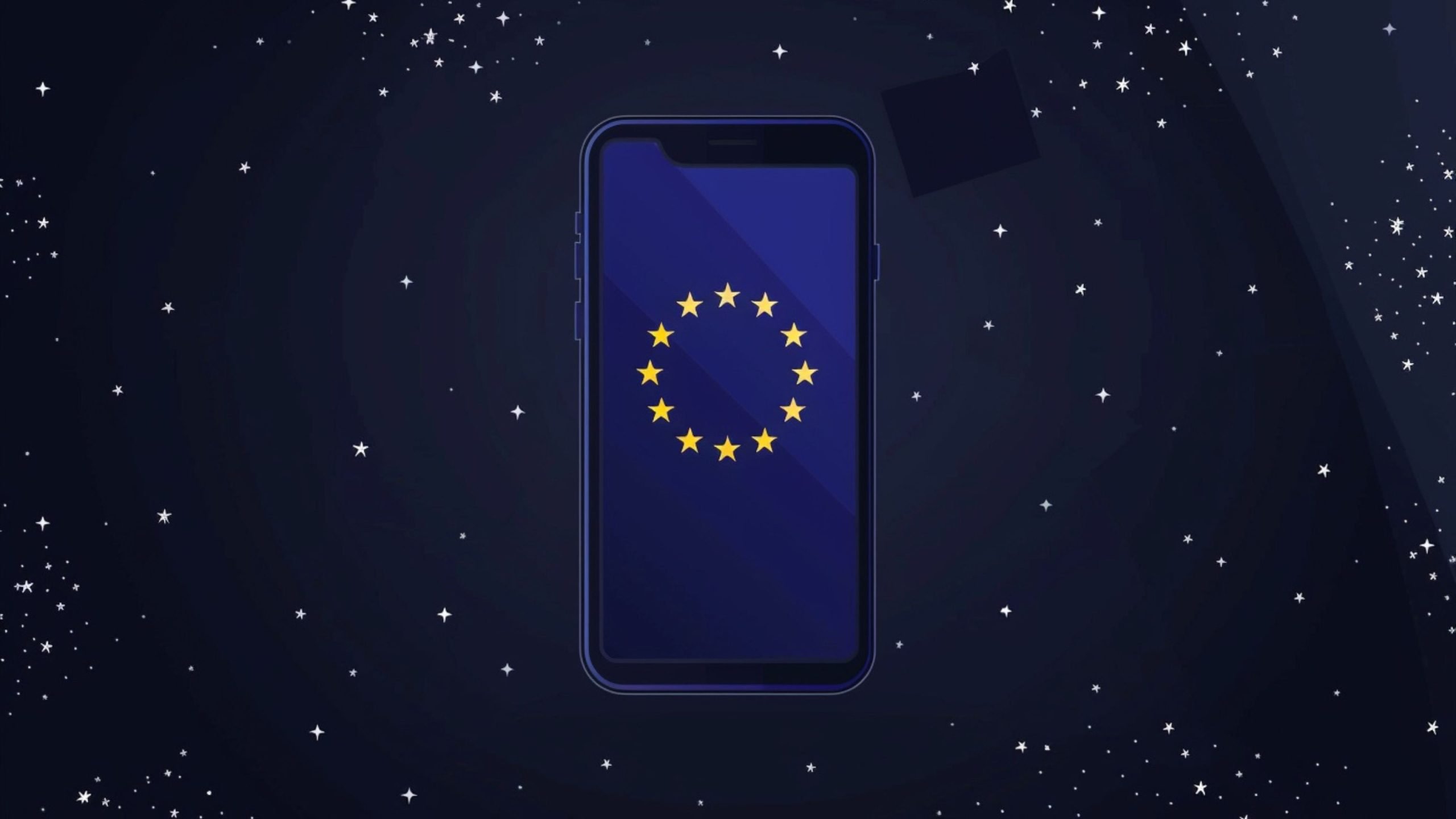 Illustration of a smartphone displaying a circle of twelve yellow stars on a blue screen, set against a dark starry background, resembling the European Union flag.