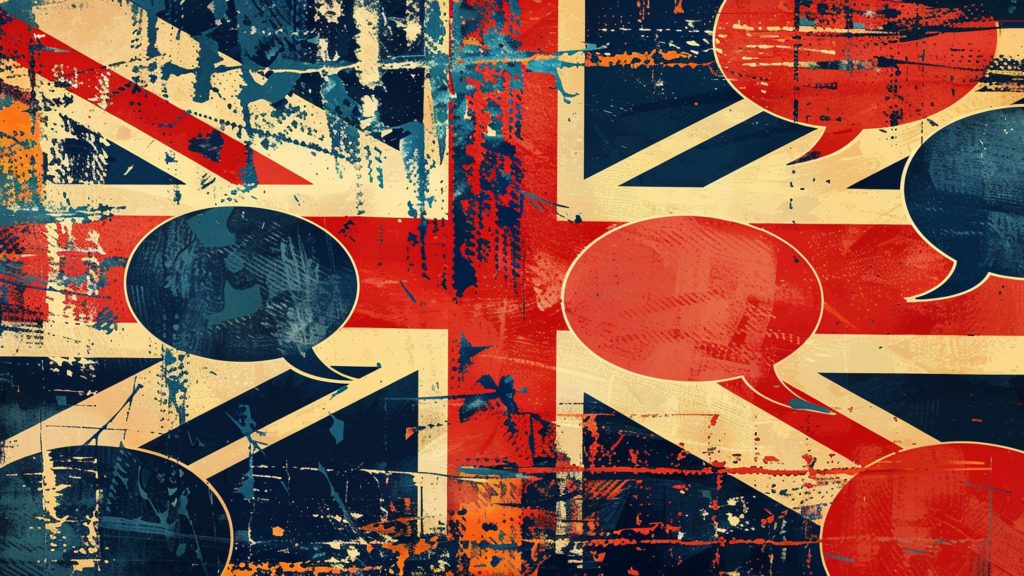 Grungy Union Jack flag background with overlapping red and blue speech bubbles scattered across it, showing a distressed, textured effect.