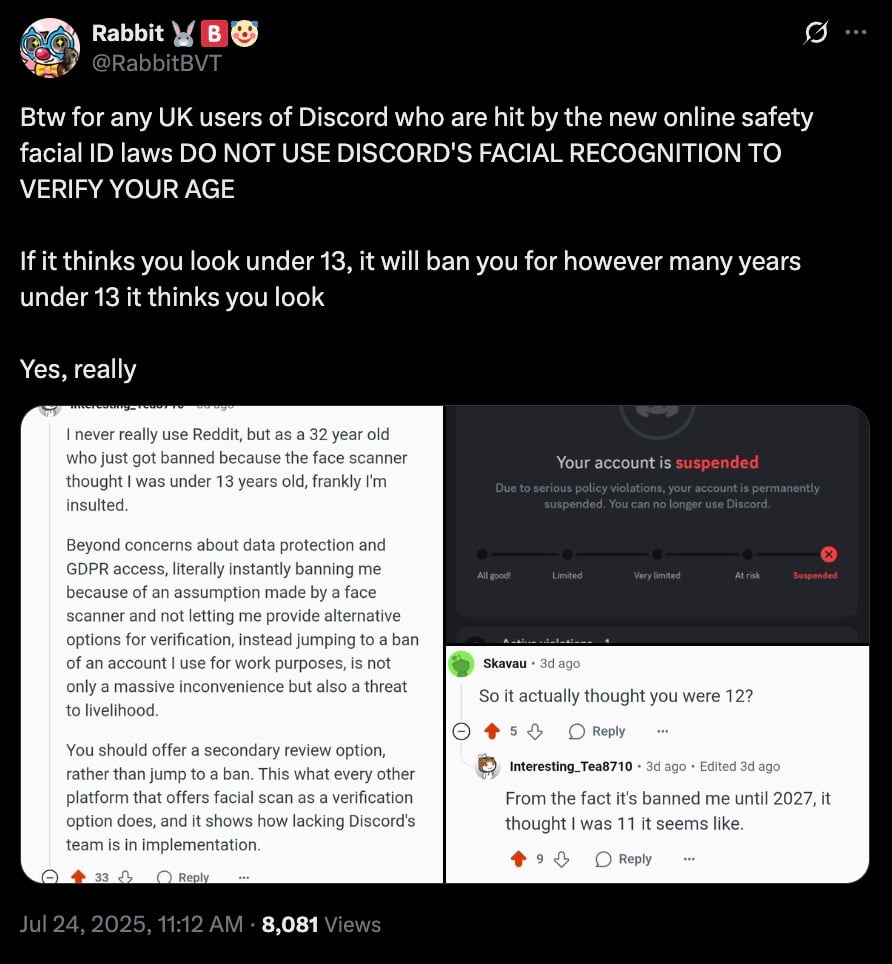 Tweet warning UK Discord users not to use the platform's facial ID for age verification due to risk of being banned if misidentified as under 13, with screenshots of a Reddit comment from a 32-year-old banned user and a Discord suspension message.