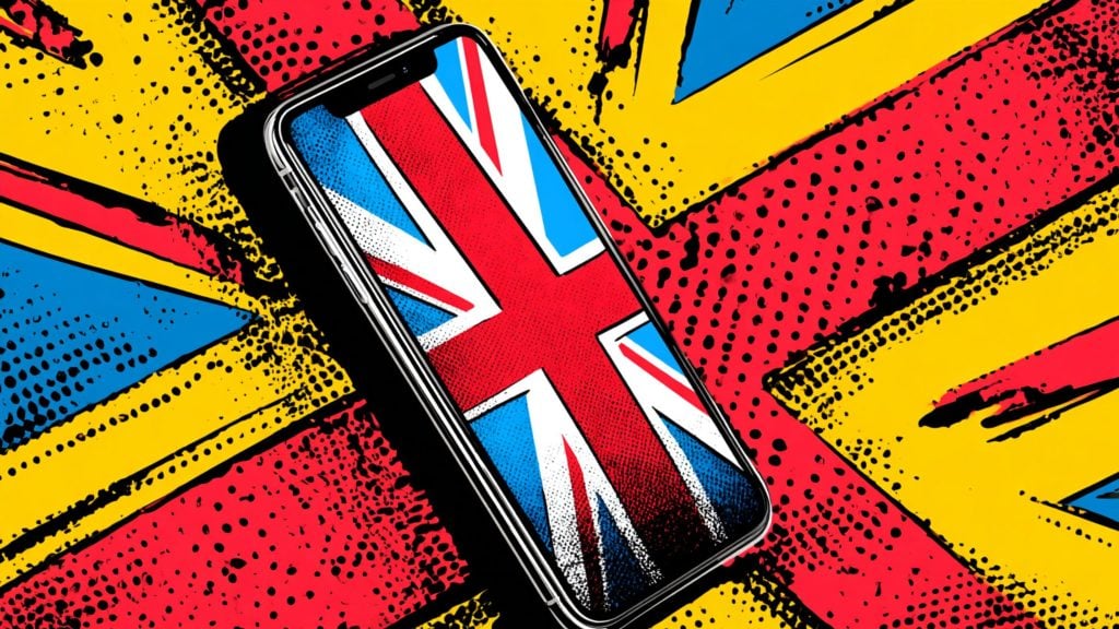 Smartphone displaying the Union Jack flag on its screen, placed on a colorful comic-style background featuring red, yellow, and blue patterns with black dots.
