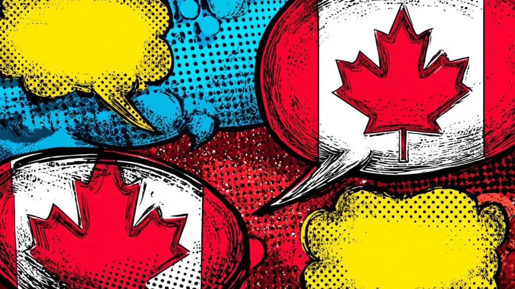 Pop art style illustration featuring two speech bubbles with red maple leaves and two empty yellow speech bubbles set against a colorful blue and red halftone background.