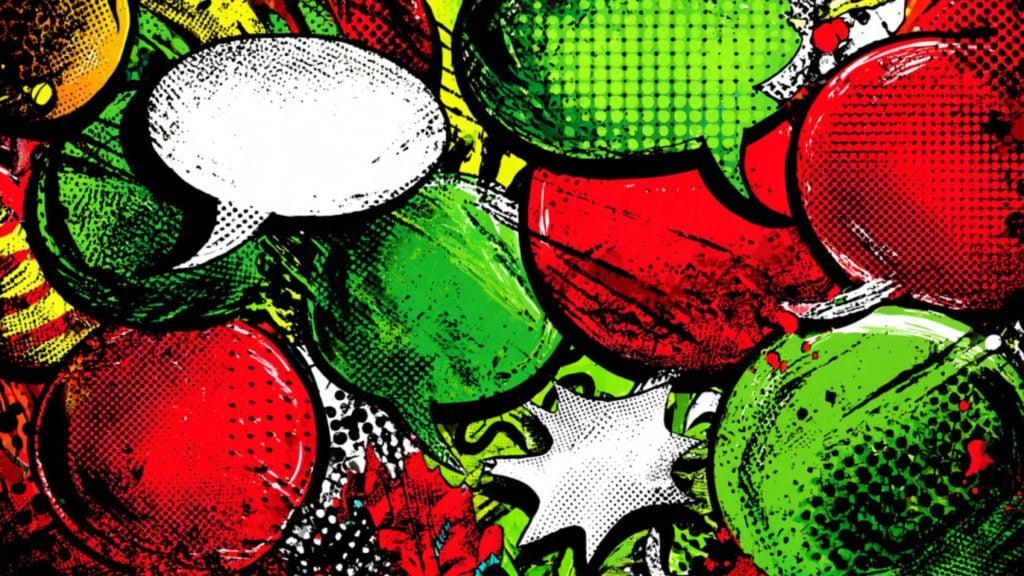 Vibrant comic-style speech bubbles in red, green, white, and yellow with halftone patterns overlapping each other on a colorful background.