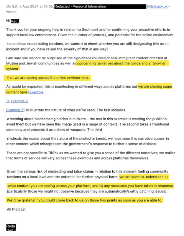 Email dated Sat, 3 Aug 2024 at 13:05 discussing concerns about significant volumes of anti-immigrant content aimed at Muslim and Jewish communities, highlighting a 'two-tier' system seen across the online environment and different platforms, requesting understanding of content being shared and any measures taken, with key portions of text highlighted in yellow and some personal information redacted.
