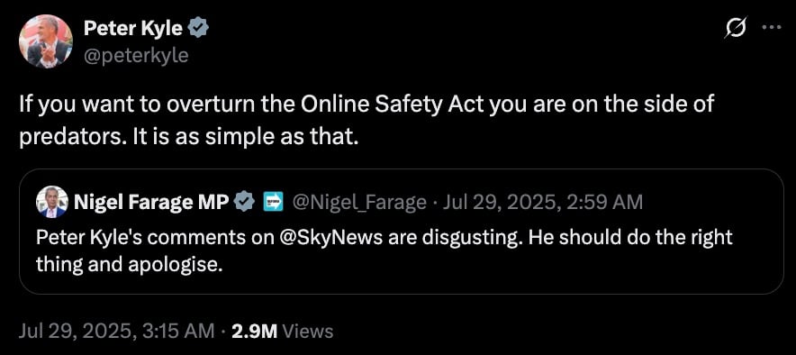 An X exchange where Peter Kyle states that opposing the Online Safety Act aligns one with predators, replying to Nigel Farage's tweet calling Peter Kyle's comments on SkyNews disgusting and suggesting he should apologize, dated July 29, 2025, with 2.9M views.