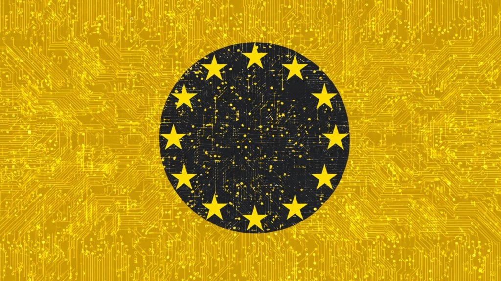 A yellow circuit board pattern background with a dark circle in the center containing twelve yellow stars arranged in a circle, symbolizing the European Union with a digital technology theme.