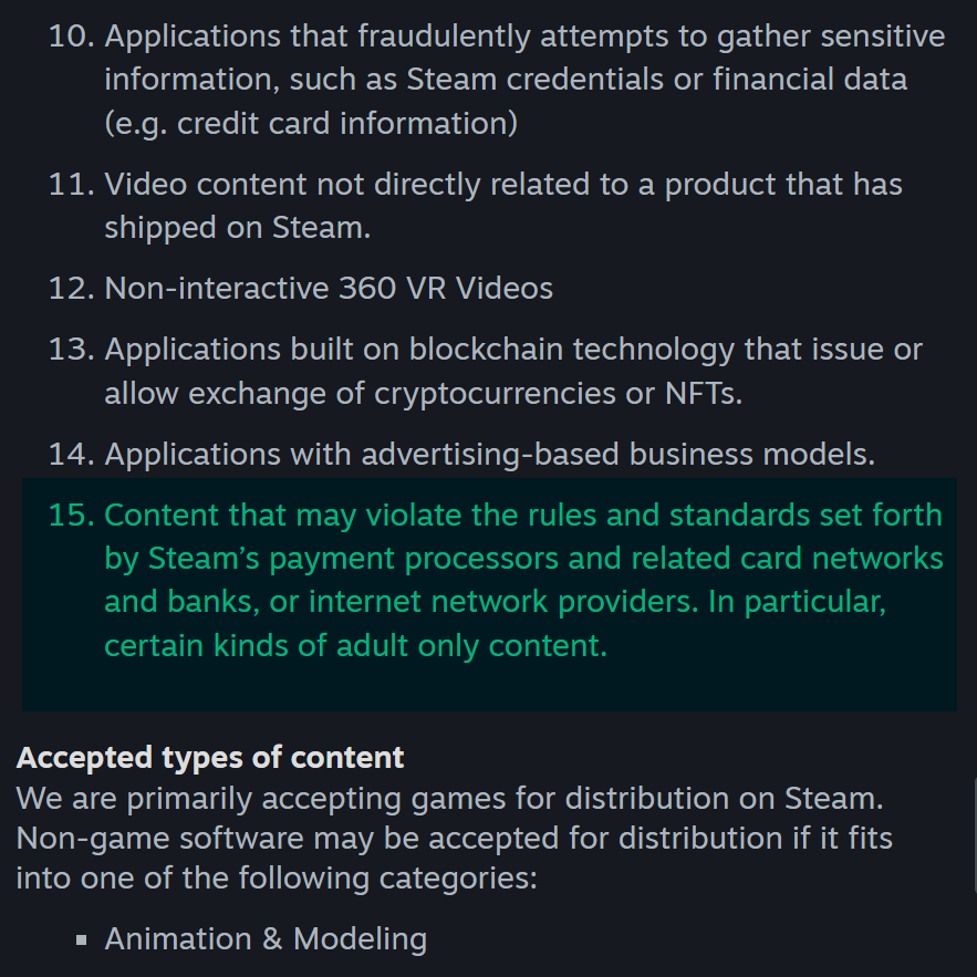 A section of text listing prohibited types of content on Steam, including fraudulent applications, unrelated video content, non-interactive 360 VR videos, blockchain applications, advertising-based business models, and content violating payment processor rules, especially certain adult-only content, followed by a heading 'Accepted types of content' explaining accepted game and non-game software categories like Animation & Modeling.
