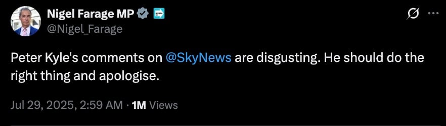 Screenshot of a tweet by Nigel Farage MP from July 29, 2025, at 2:59 AM, criticizing Peter Kyle's comments on @SkyNews as disgusting and urging an apology, with 1 million views.