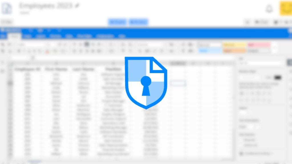 A blurred screenshot of a spreadsheet. A large blue shield icon with a document and keyhole symbol is overlaid in the center, representing data protection or privacy.