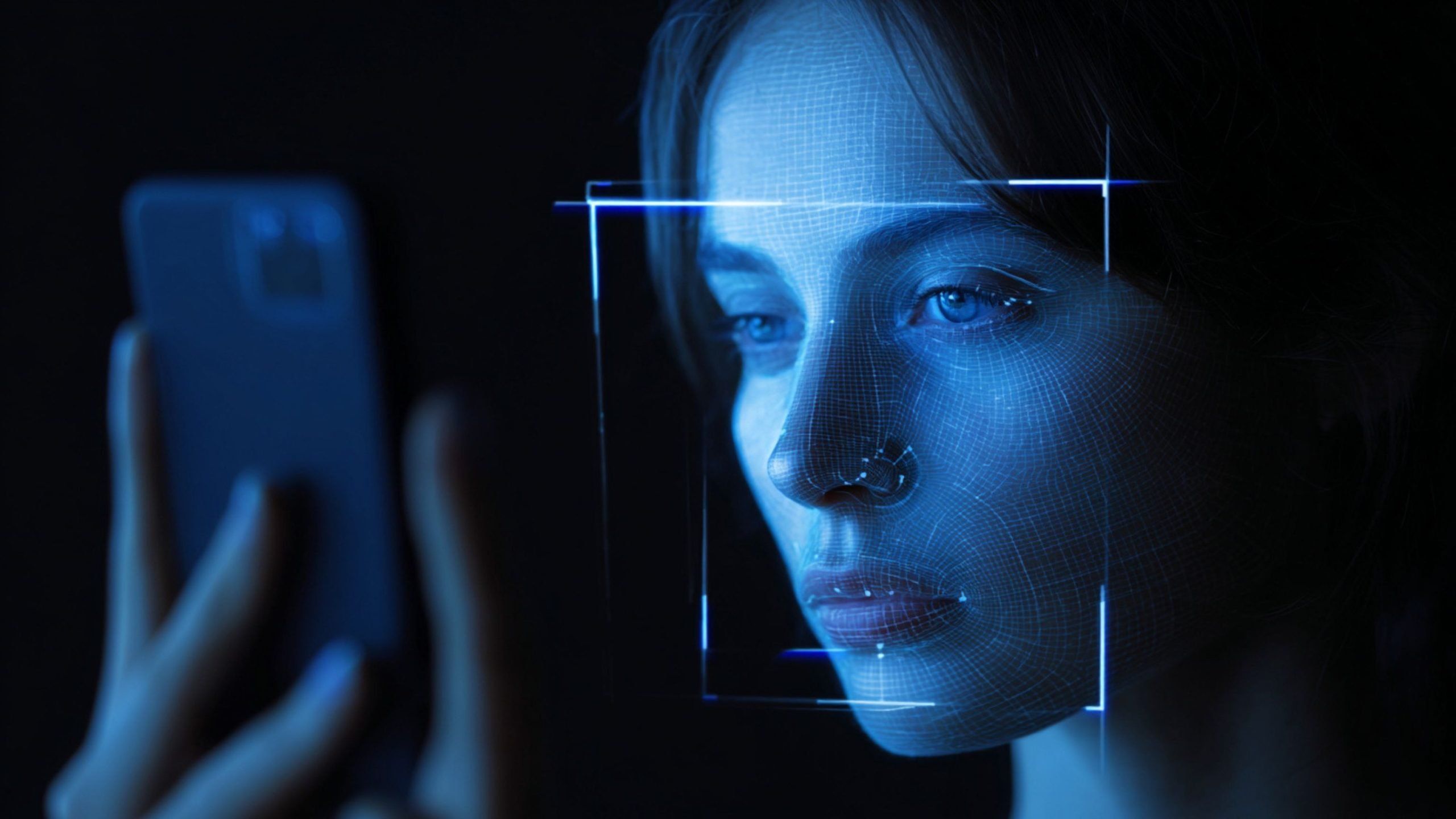 Close-up of a woman looking at a smartphone with a digital blue facial recognition overlay on her face against a dark background