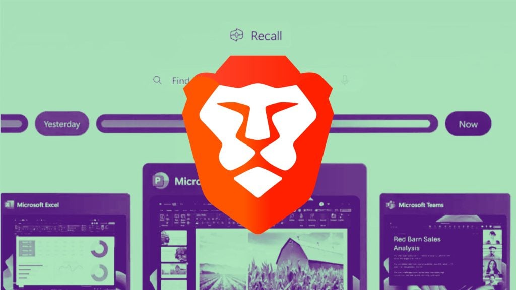 Brave browser lion logo centered over a blurred screenshot showing Microsoft Office applications with a timeline bar labeled "Yesterday" and "Now" and the word "Recall" at the top.