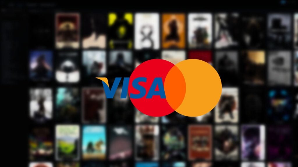 Overlay of the VISA and Mastercard logos, with VISA's text partially over two overlapping circles colored red and orange, displayed against a blurred background of various images or posters.