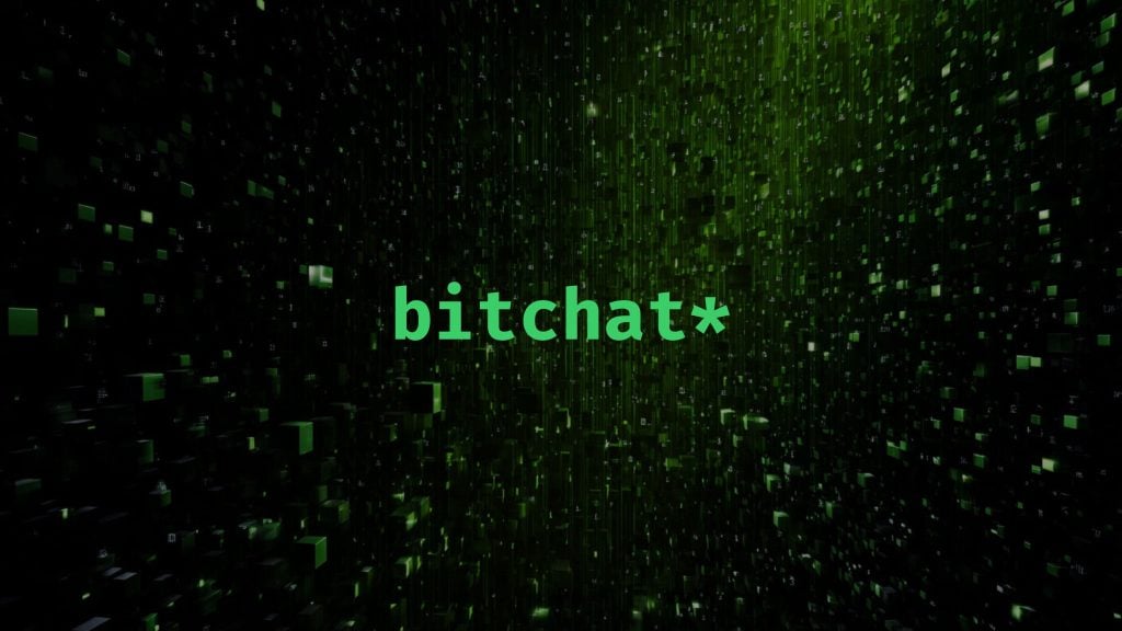 Green digital cubes and lines forming a matrix-like pattern with the word 'bitchat' in green text at the center