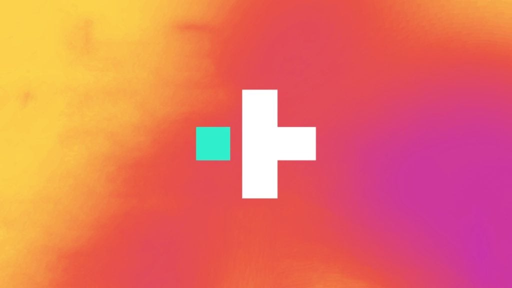 Abstract background with gradient colors transitioning from yellow and orange on the left to pink and purple on the right, featuring a large white plus sign and a smaller cyan square to its left at the center.