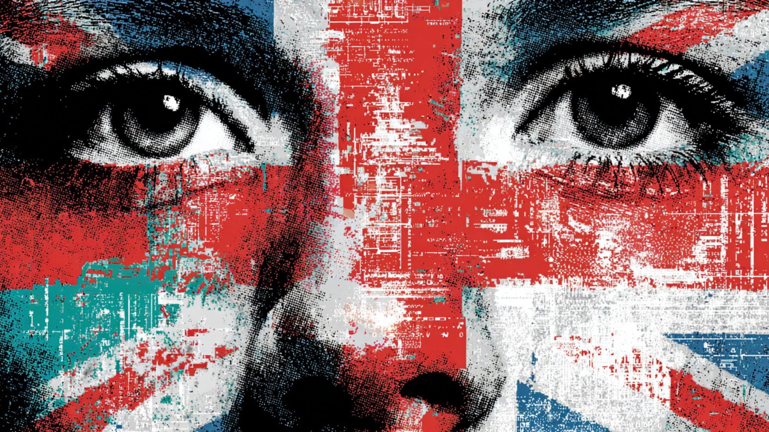 Close-up of a human face with eyes wide open, overlaid with a distressed texture of the Union Jack flag in red, white, and blue colors.