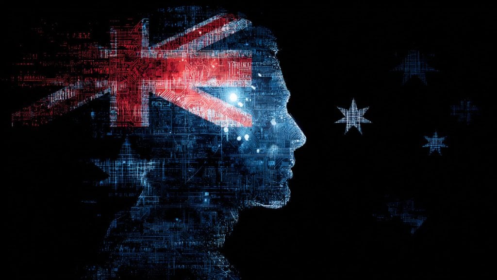 Digital profile of a human head with circuitry and electronic patterns overlaying an Australian flag design, set against a black background with faint stars resembling the Southern Cross constellation.