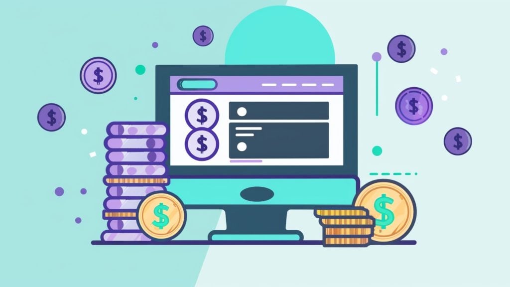 Digital illustration of a computer monitor displaying a financial dashboard with dollar sign icons, surrounded by stacks of purple and gold coins and floating dollar sign coins on a light blue background.