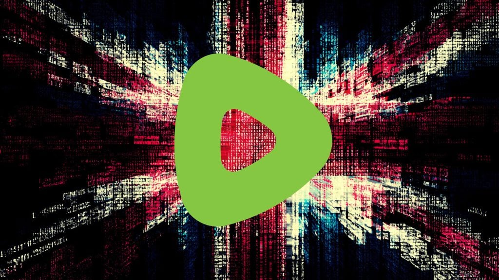 Digital art of a Union Jack flag composed of abstract text and code elements with a large green play button symbol overlaid in the center