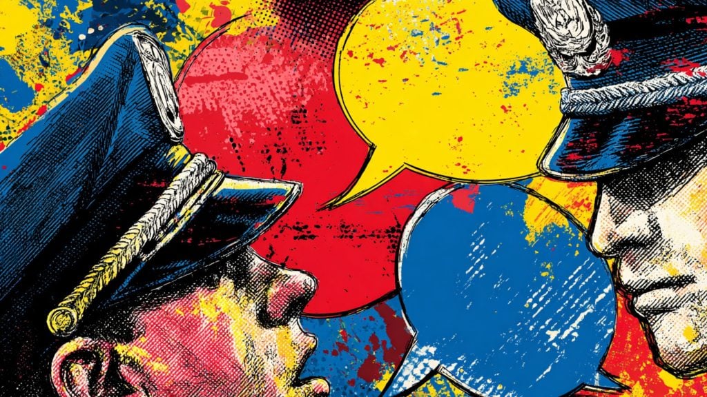 Artistic close-up of two police figures facing each other, each wearing peaked hats with decorative cords, set against a colorful, abstract background with three empty speech bubbles in yellow, red, and blue.