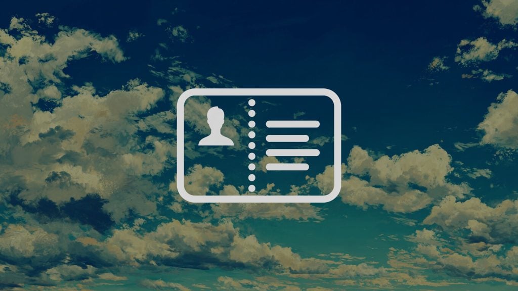 Illustration of a simplified ID card icon with a silhouette profile and lines representing text, set against a dramatic, cloudy sky background with deep blue and teal tones.