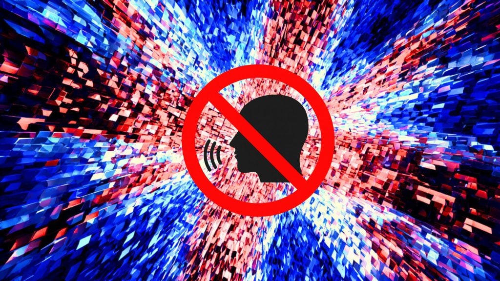 No talking symbol with a black silhouette of a speaking head crossed out by a red prohibition circle, set against a dynamic pixelated background of blue and red colors.