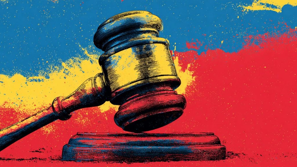 Illustration of a judge's gavel and sound block painted with the colors of the Colombian flag—yellow, blue, and red—against a background with splashes of the same colors.
