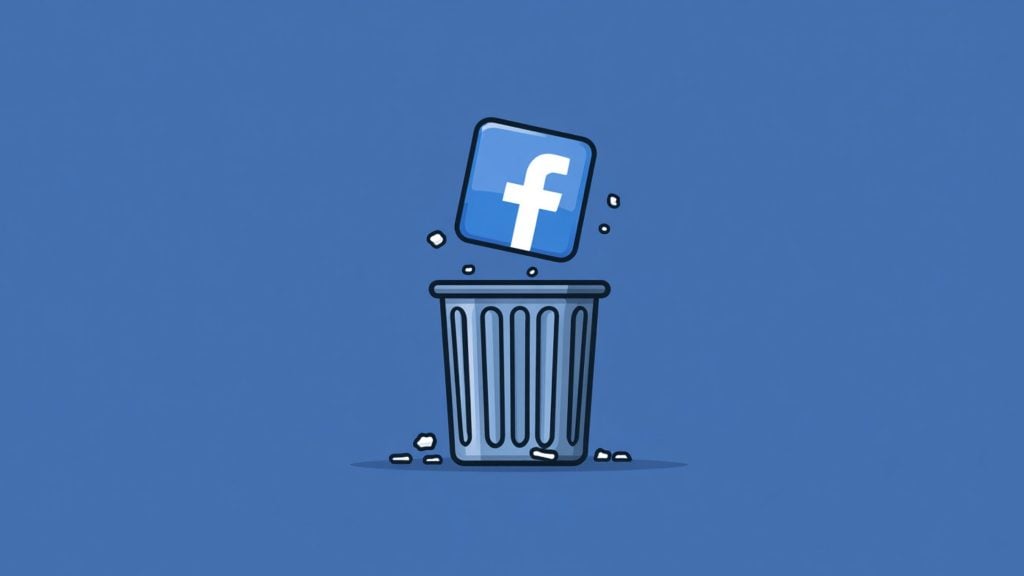 Illustration of the Facebook logo falling into a trash bin against a blue background.