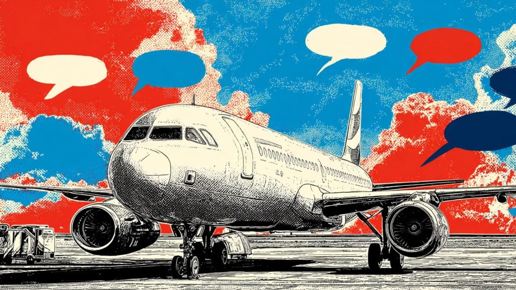 Illustration of a commercial airplane on a runway with a vibrant sky featuring blue and red clouds and multiple colored speech bubbles above the plane.