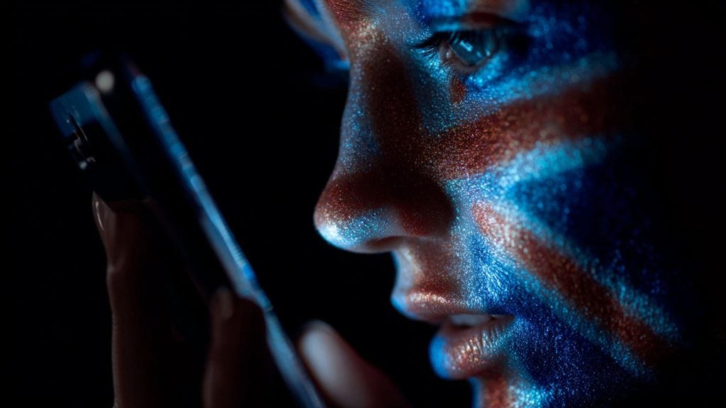 Close-up of a person's face with blue and red glitter paint reflecting light, looking intently at a smartphone held near their mouth against a dark background